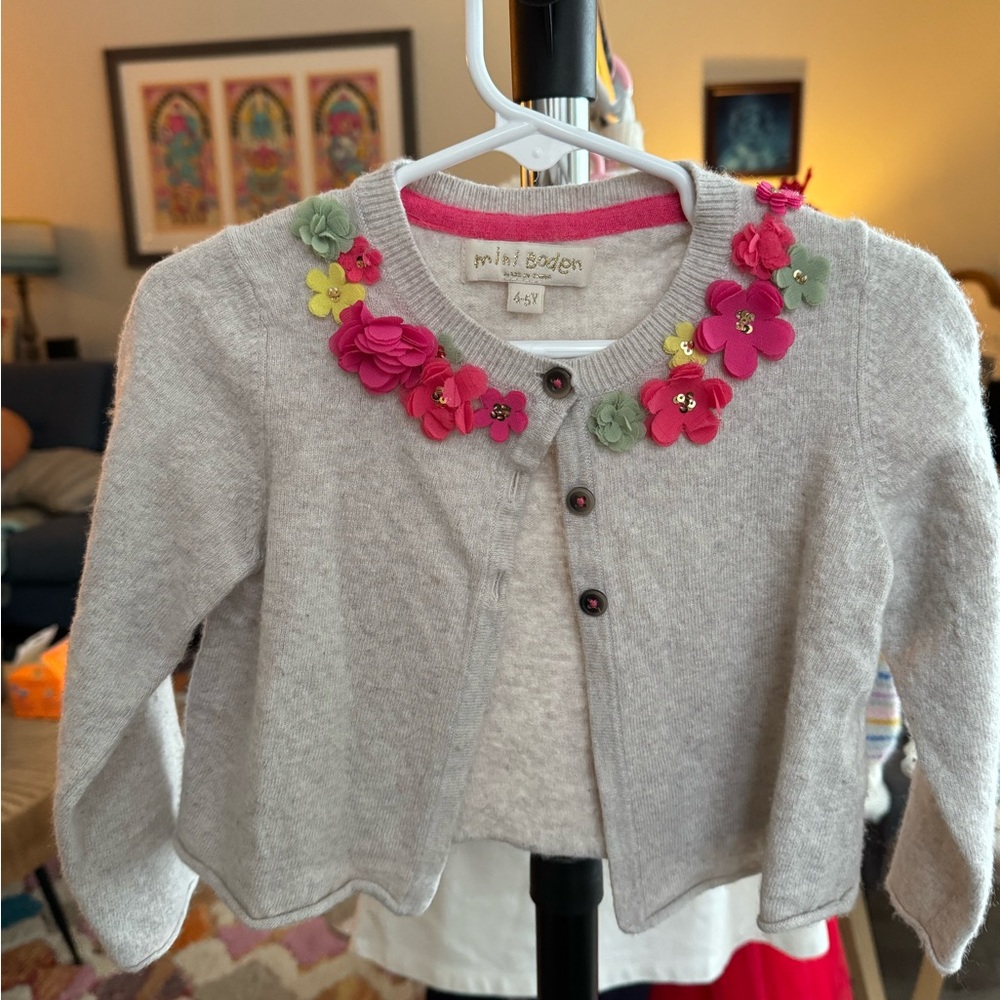 Mini Boden Cream Cardigan with Pink and Green Floral Details